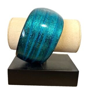 80s Aqua Sparkle Glitter  Stripe Lucite Bangle Bracelet Large Wrist Blue EUC